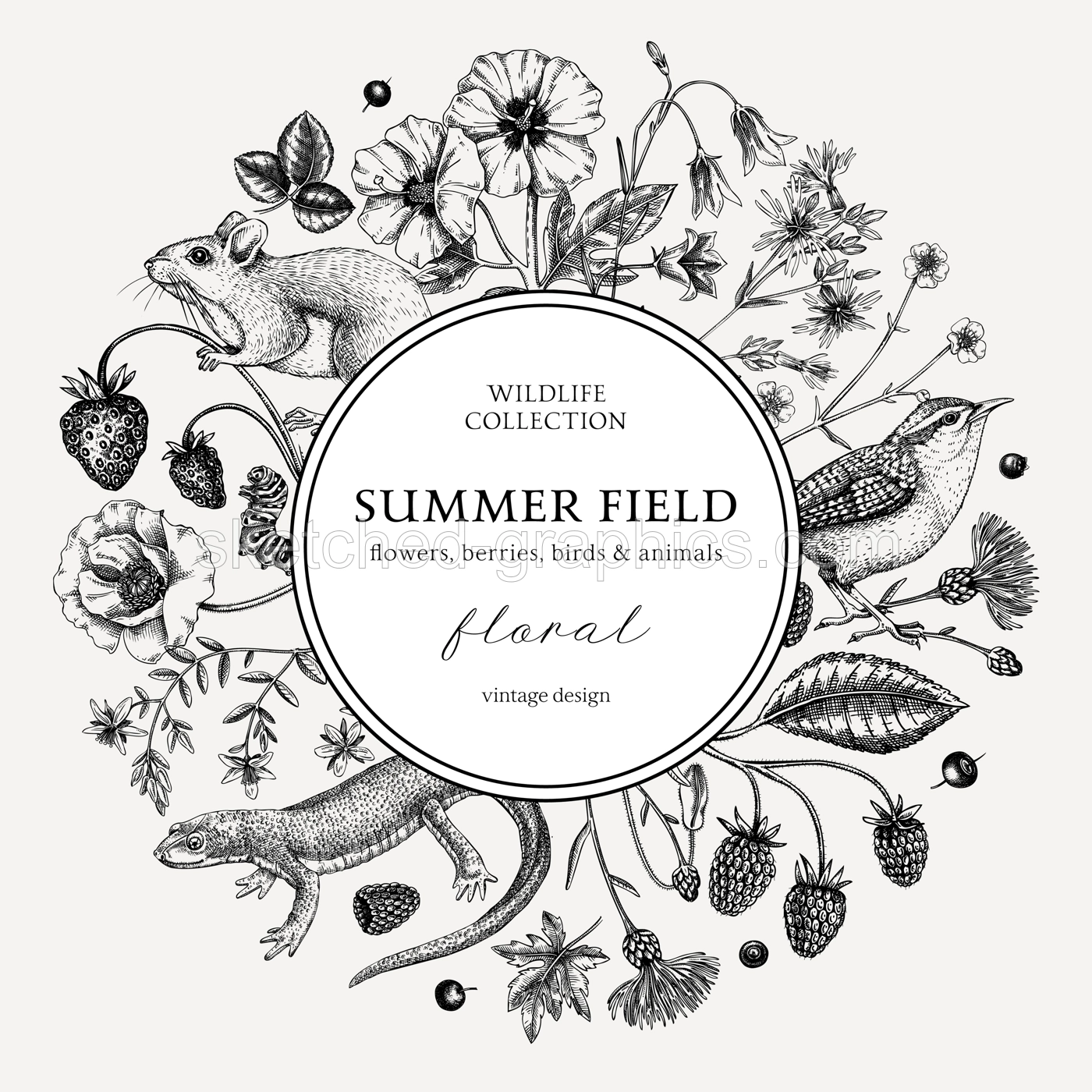 Sketched summer background. Floral wreath design. Wildlife sketches. Wildflowers botanical illustration. Hand-drawn field of flowers, birds, and animals for wedding invitation, vintage decoration. Illustration